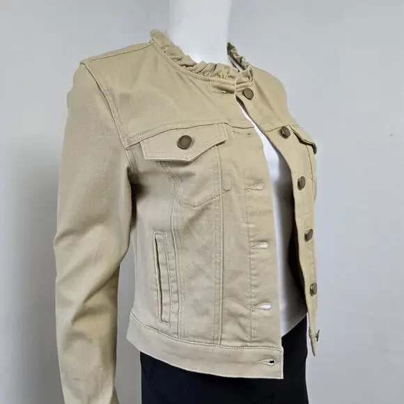 Draper James RSVP Stretch Denim Jacket Size S Khaki Tan Button Front Preppy - Picture 2 of 8